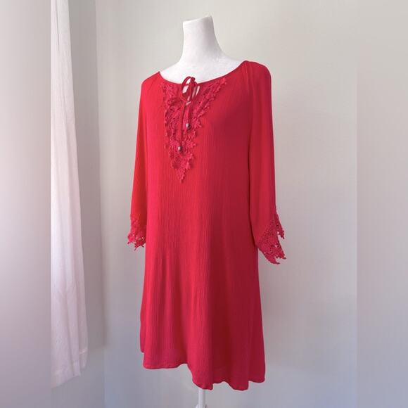 Naïf Coral Pink 3/4 Sleeve Crochet Shift Tunic Mini Dress - Picture 4 of 9
